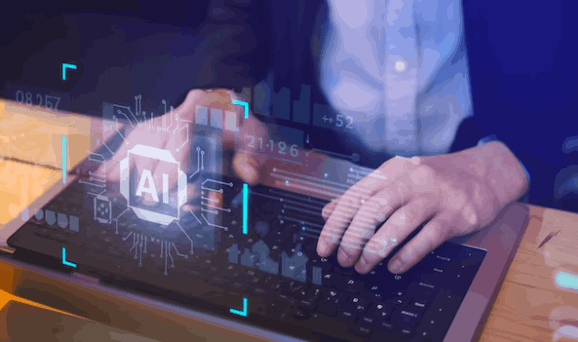 Developer working on laptop with AI interface overlay, AI-ready architecture concept.