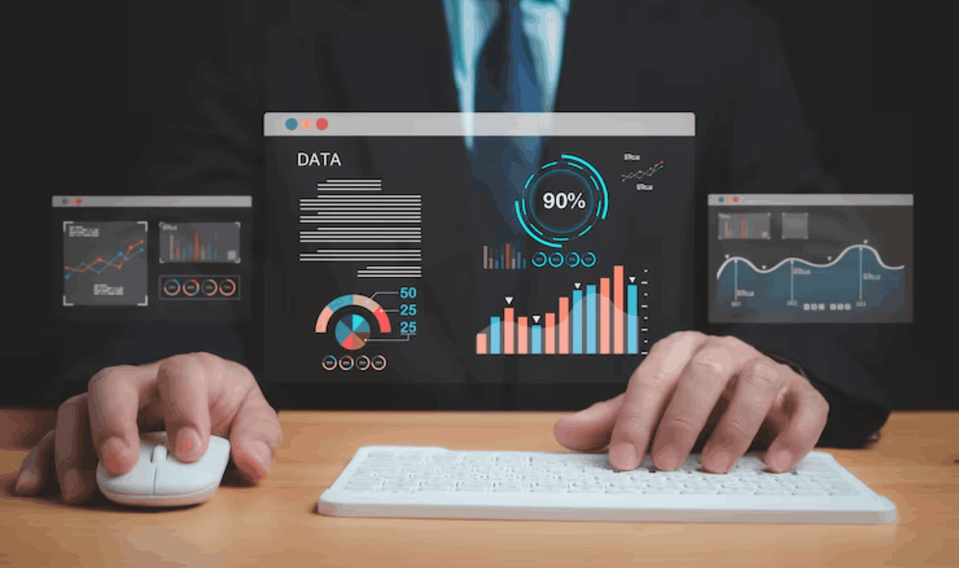 Man analyzing business charts on a holographic data dashboard for Data-Driven Optimization.