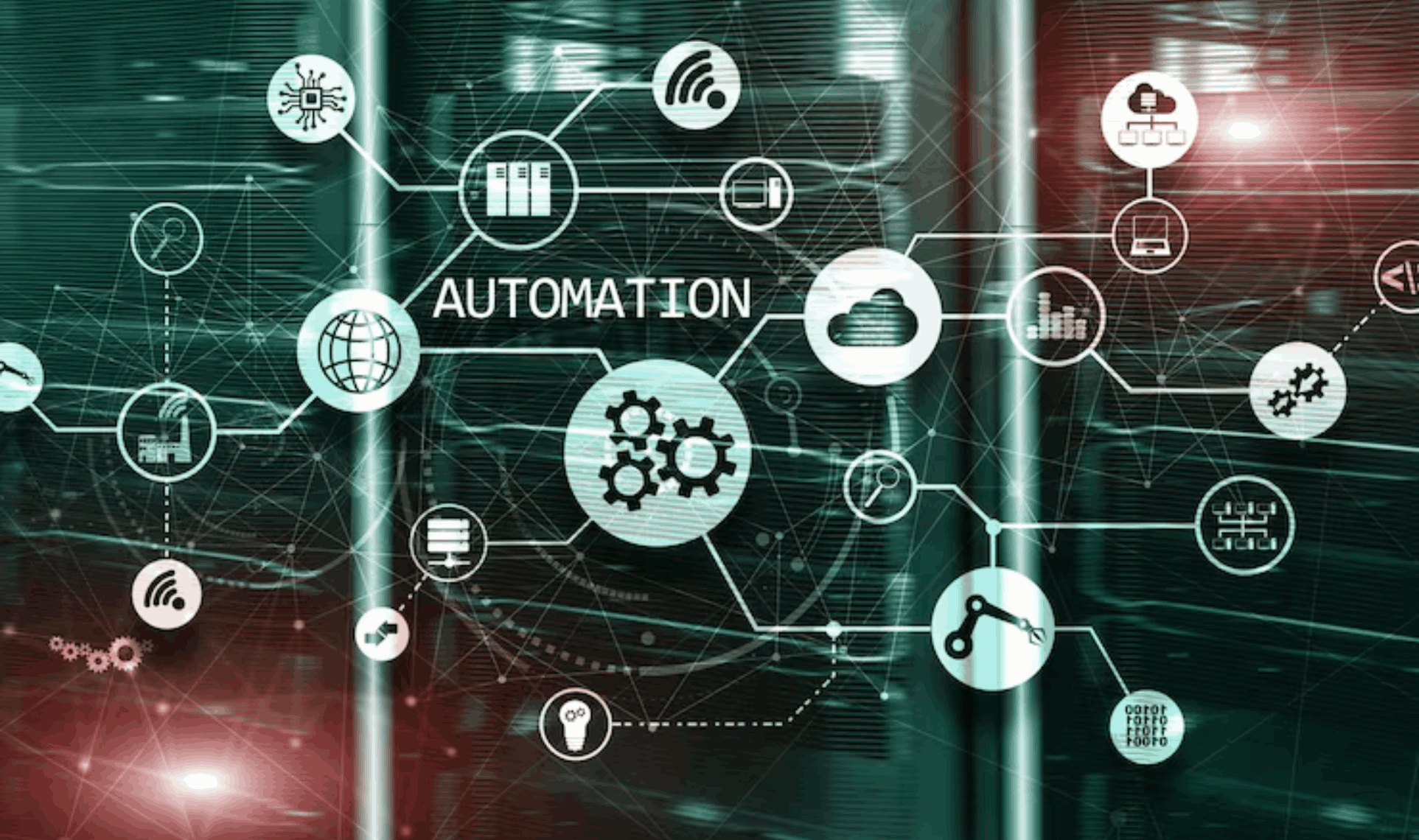 Digital overlay of cloud and network icons on a server background, representing End-to-End Process Automation.