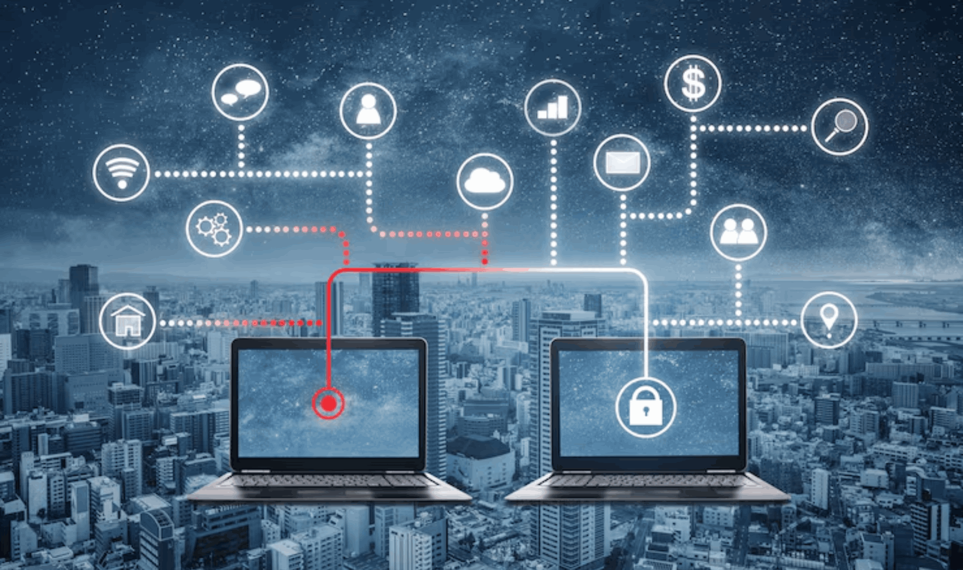 Two laptops connected by digital network icons over a cityscape, illustrating secure data flow, cloud access, and distributed connectivity - SD-WAN & Software-Defined Networking.