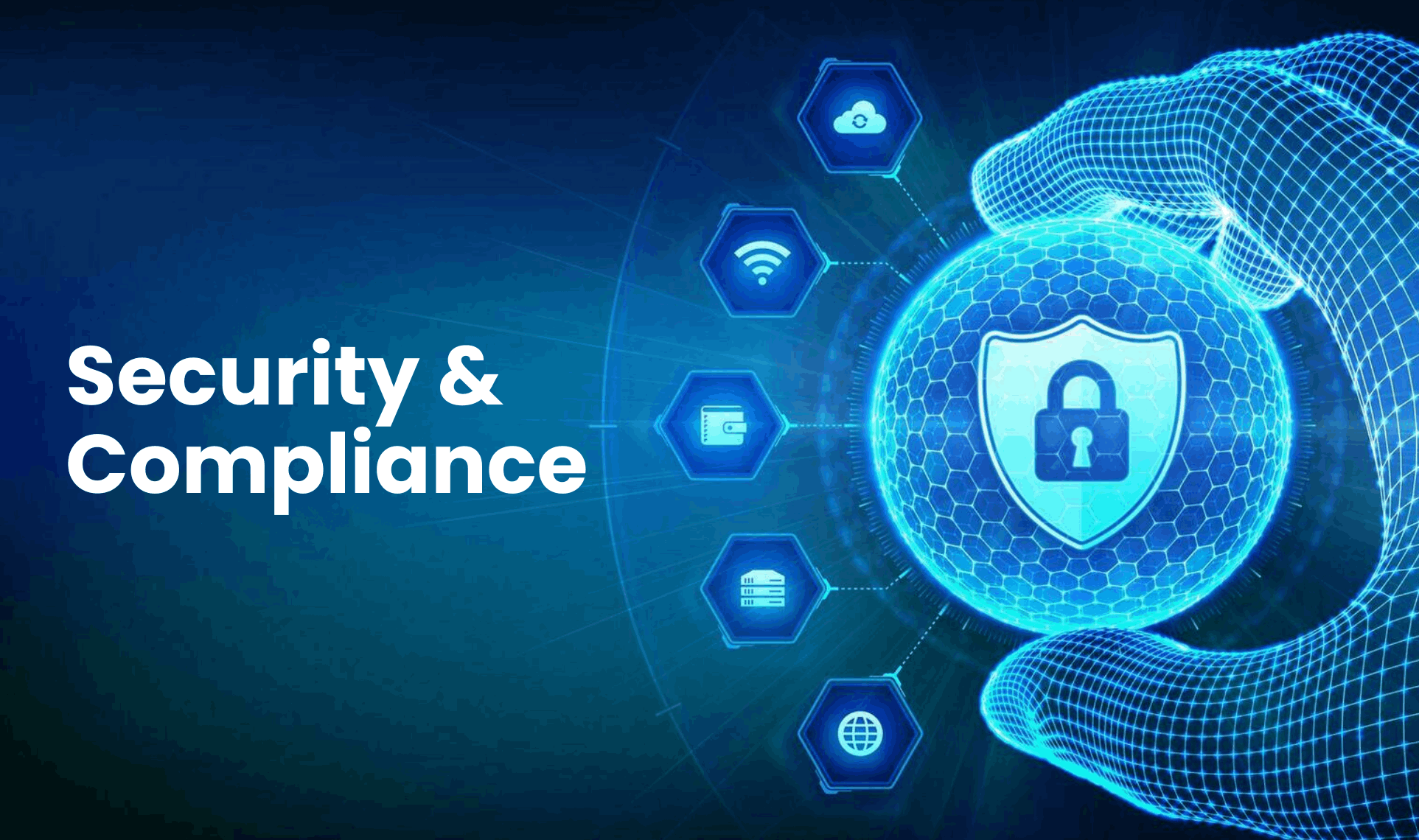 Digital cybersecurity shield surrounded by icons representing data protection, cloud security, and compliance — Security & Compliance.