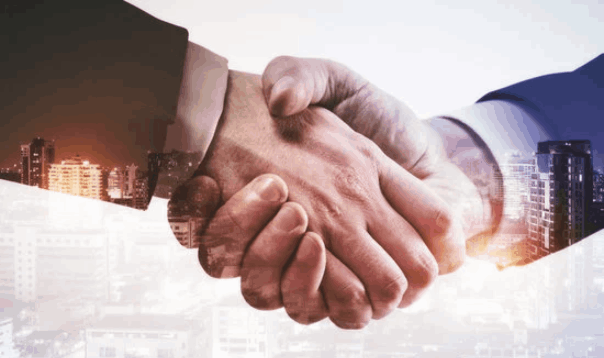 A businessman's hand presenting a holographic global target network surrounded by business icons, symbolizing Transparent Partnerships and global goal alignment.