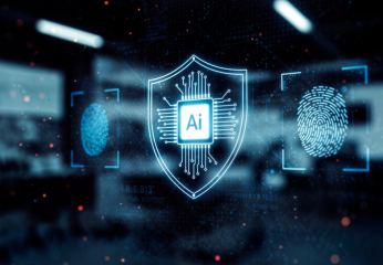 AI cybersecurity shield with biometric fingerprints