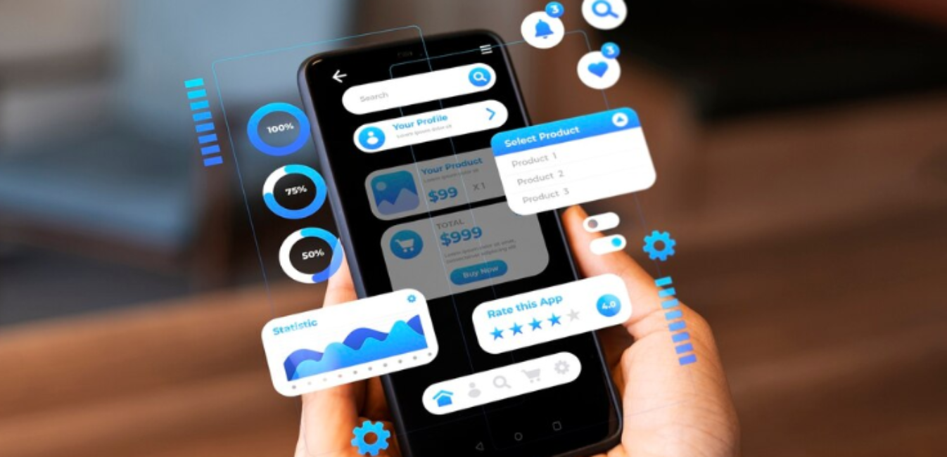 Smartphone displaying app UI and analytics overlays, mobile development concept – Mobile App Development in 2026: A Simple and Complete Guide for iOS and Android.