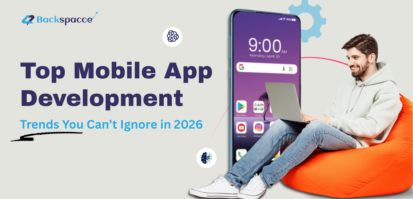 Man using laptop beside smartphone graphic showing top mobile app development trends in 2026.
