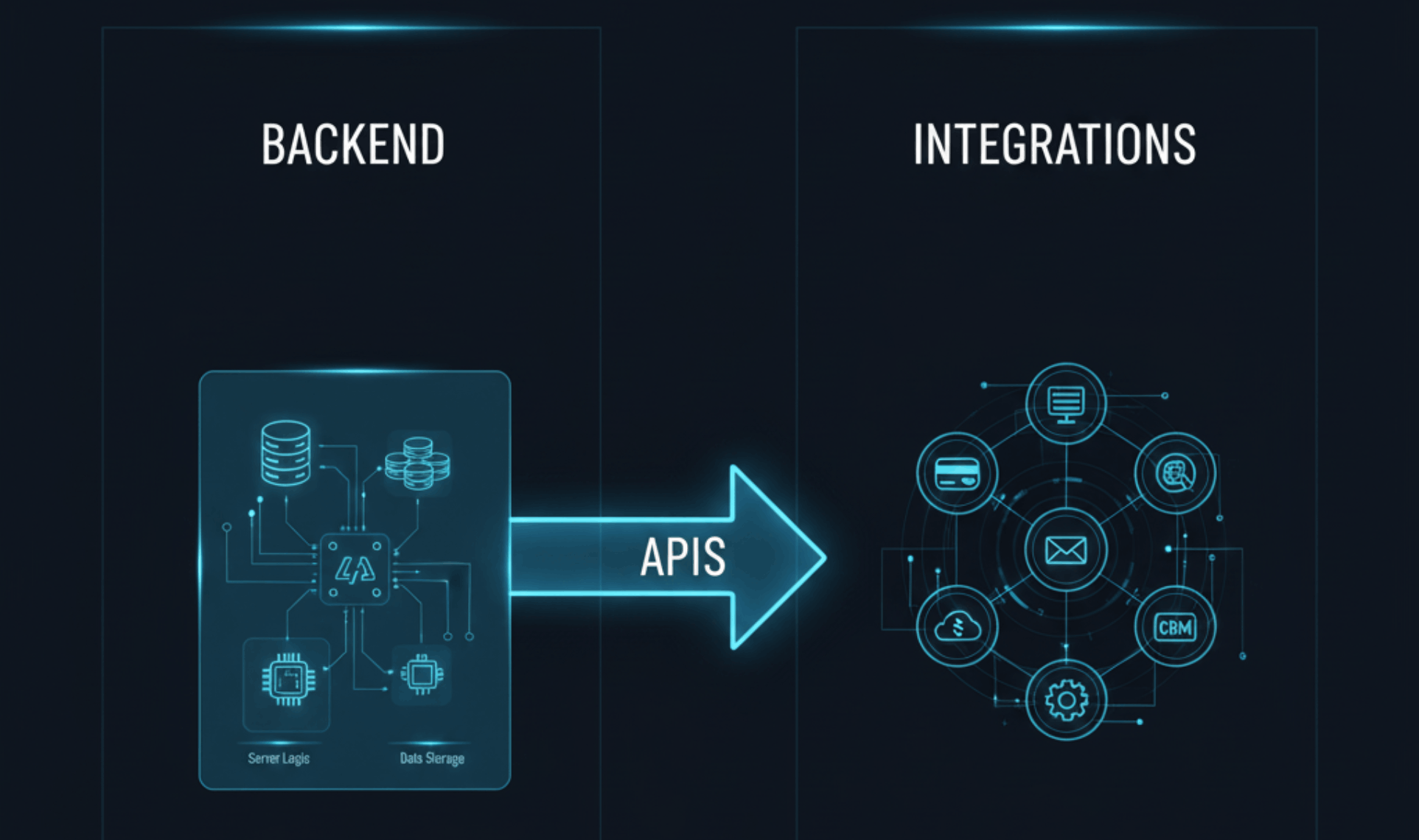 Diagram showing Backend server logic and data storage connecting to various external services for Integrations using APIs.
