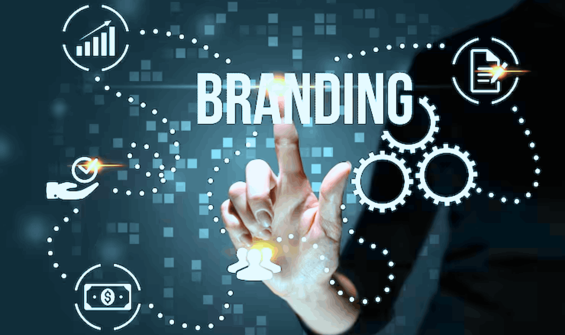 Hand touching a holographic screen with the word BRANDING and business icons, representing successful Branding & Storytelling.