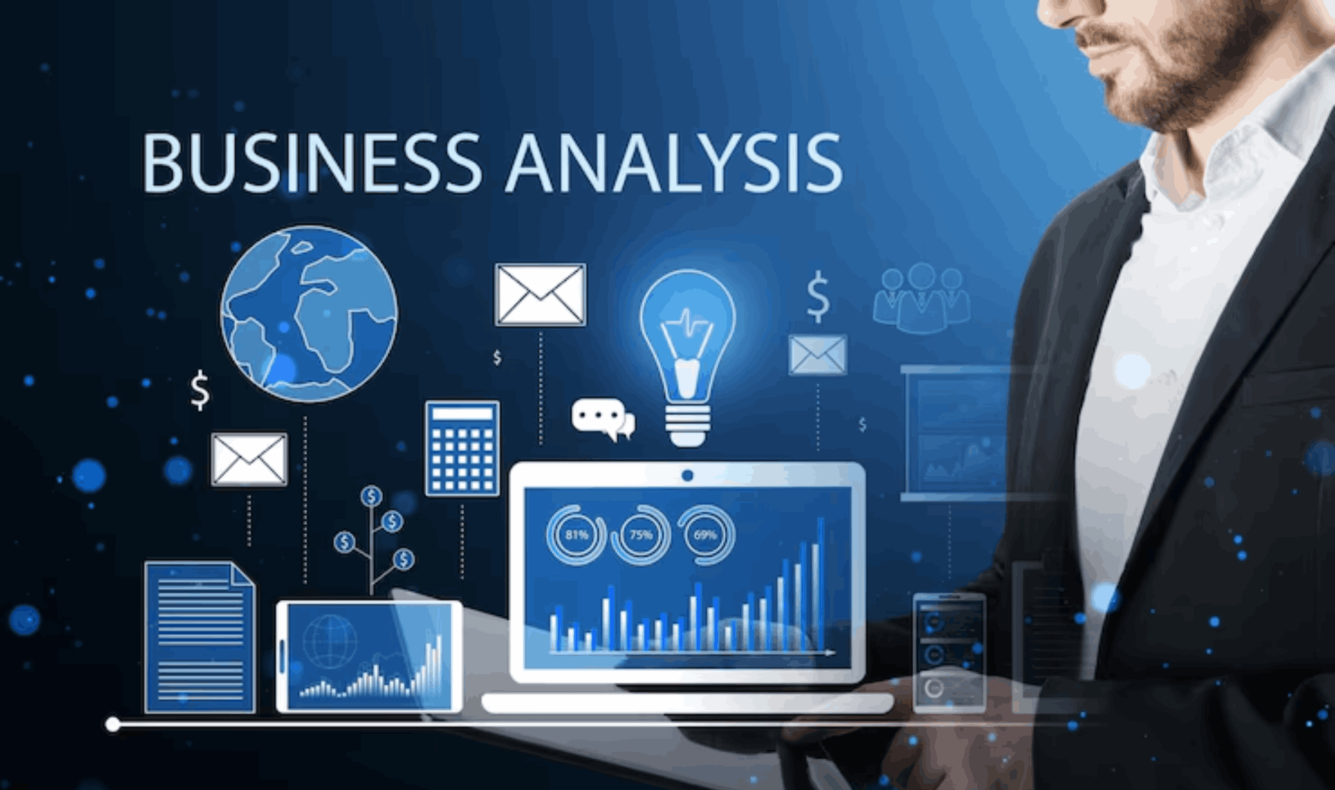 Business professional reviewing digital charts and icons representing business analysis.