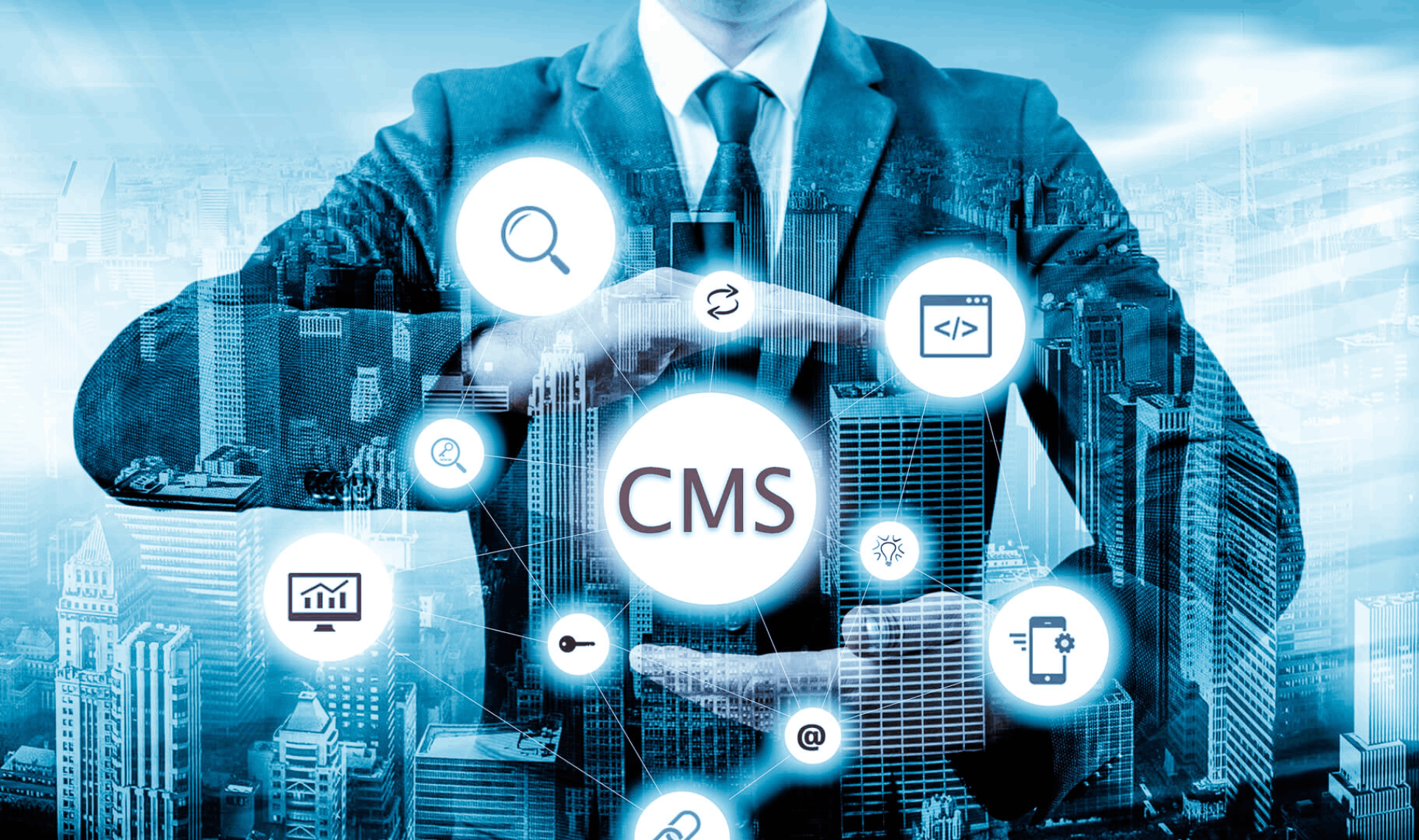 Person in a business suit with floating digital icons connected around the word ‘CMS’ over a city background.