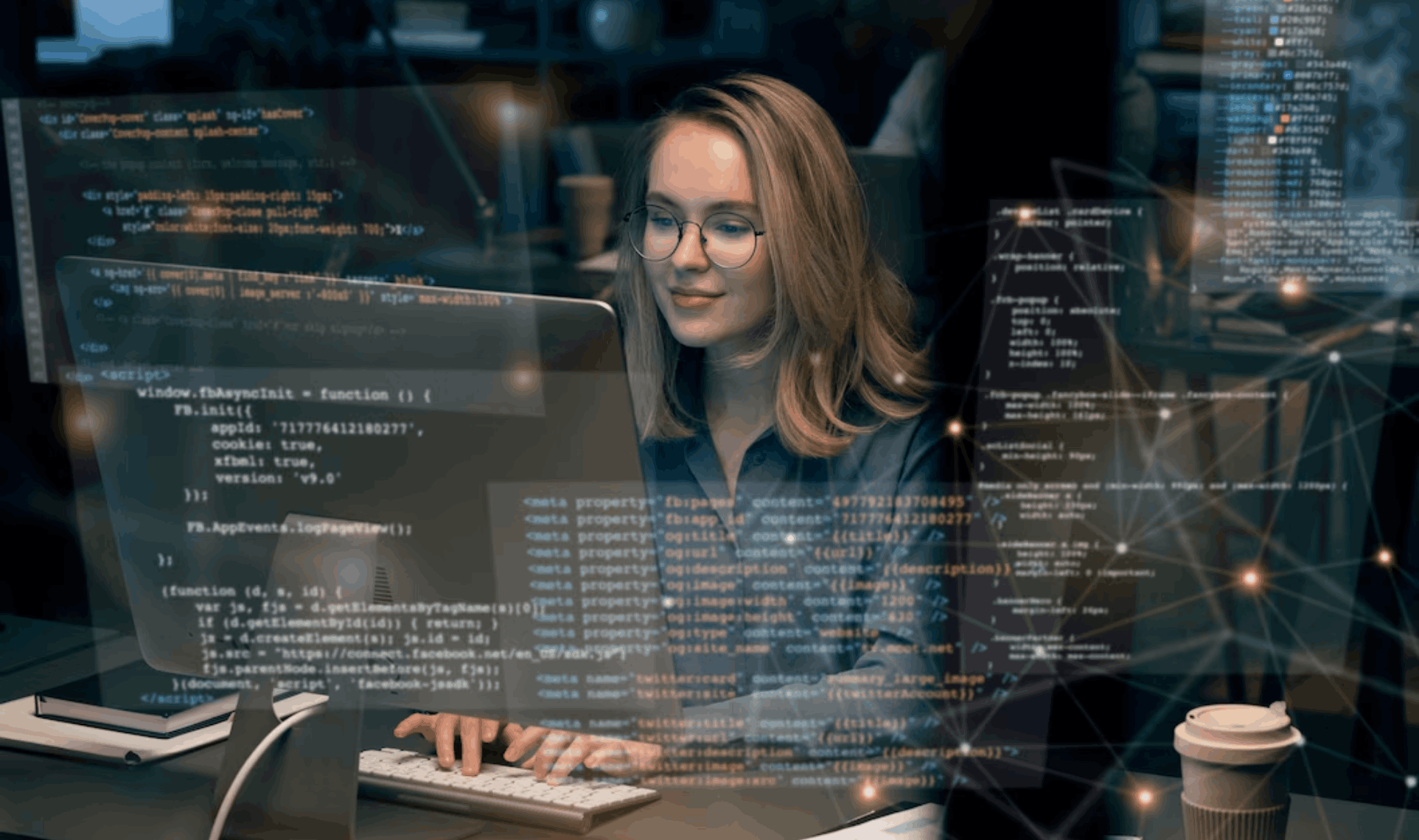 Developer working at a computer with code overlays, representing custom software development.