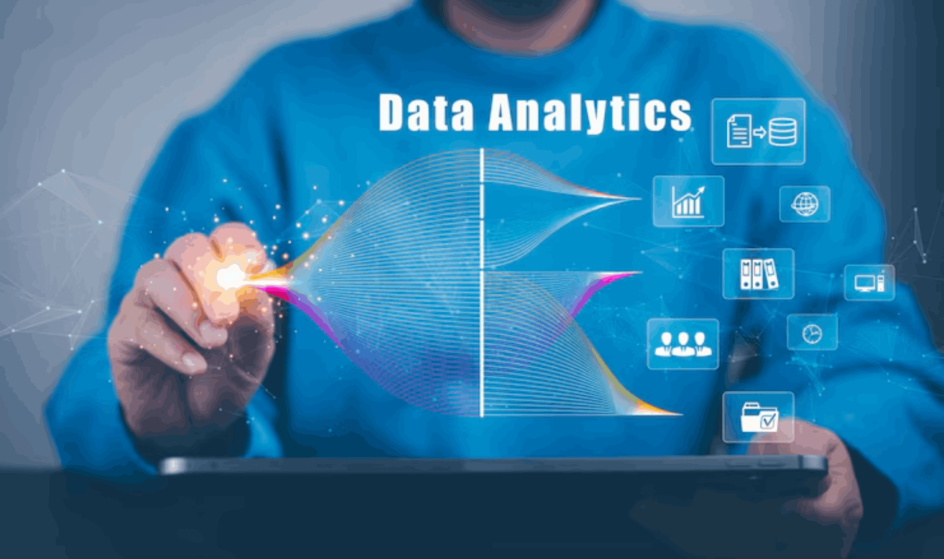 Person interacting with a glowing, colorful stream of data and various icons, representing Data analytics and insights.