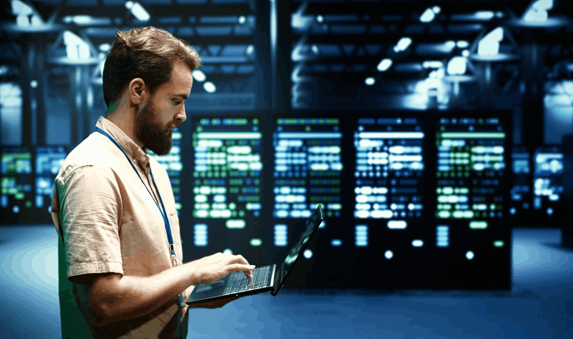 IT professional standing in a blue-lit data centre, typing on a laptop with rows of glowing server racks visible in the background.