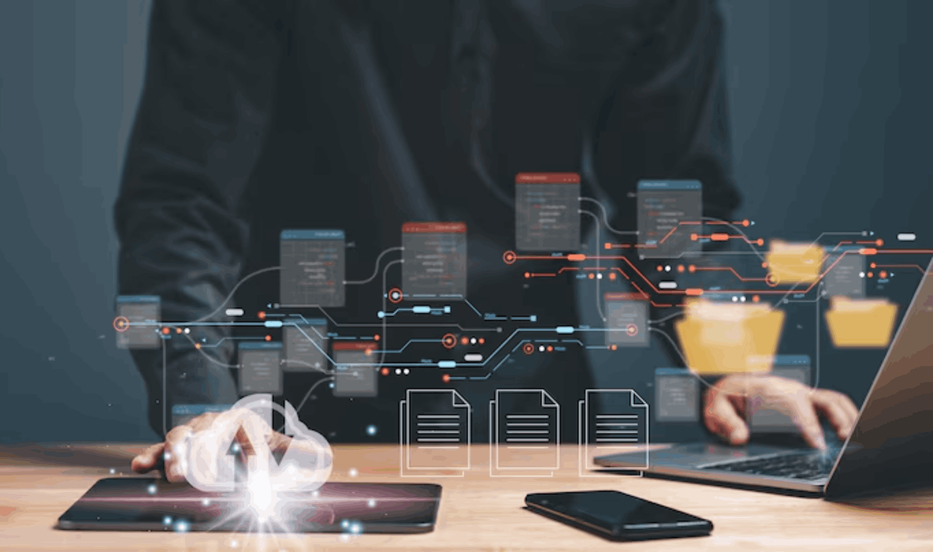 Developer working with data flow and file system interface, unified data management concept.
