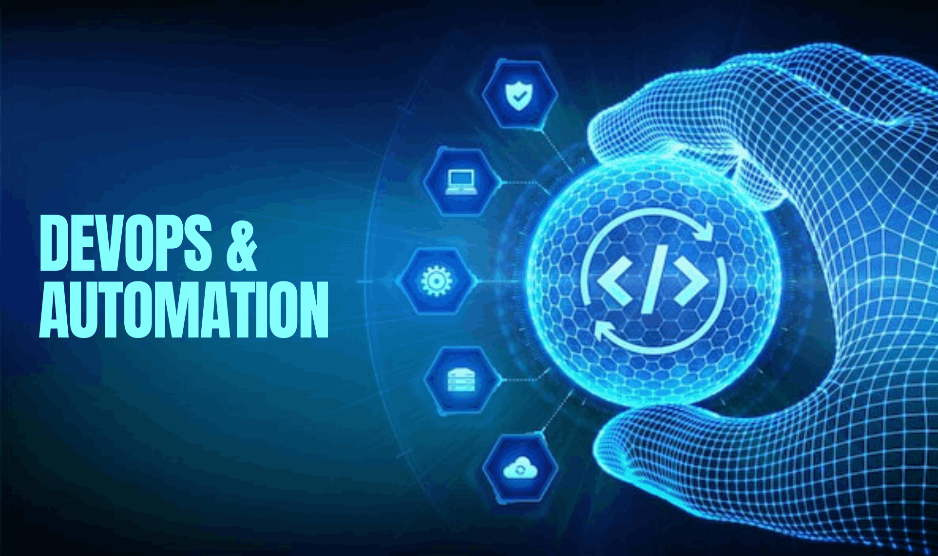 Digital hand holding a glowing automation and coding icon surrounded by technology symbols, representing DevOps & Automation.