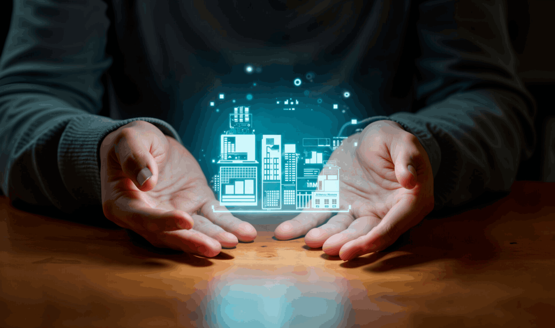 Hands holding a glowing digital city model symbolizing Infrastructure Modernization.