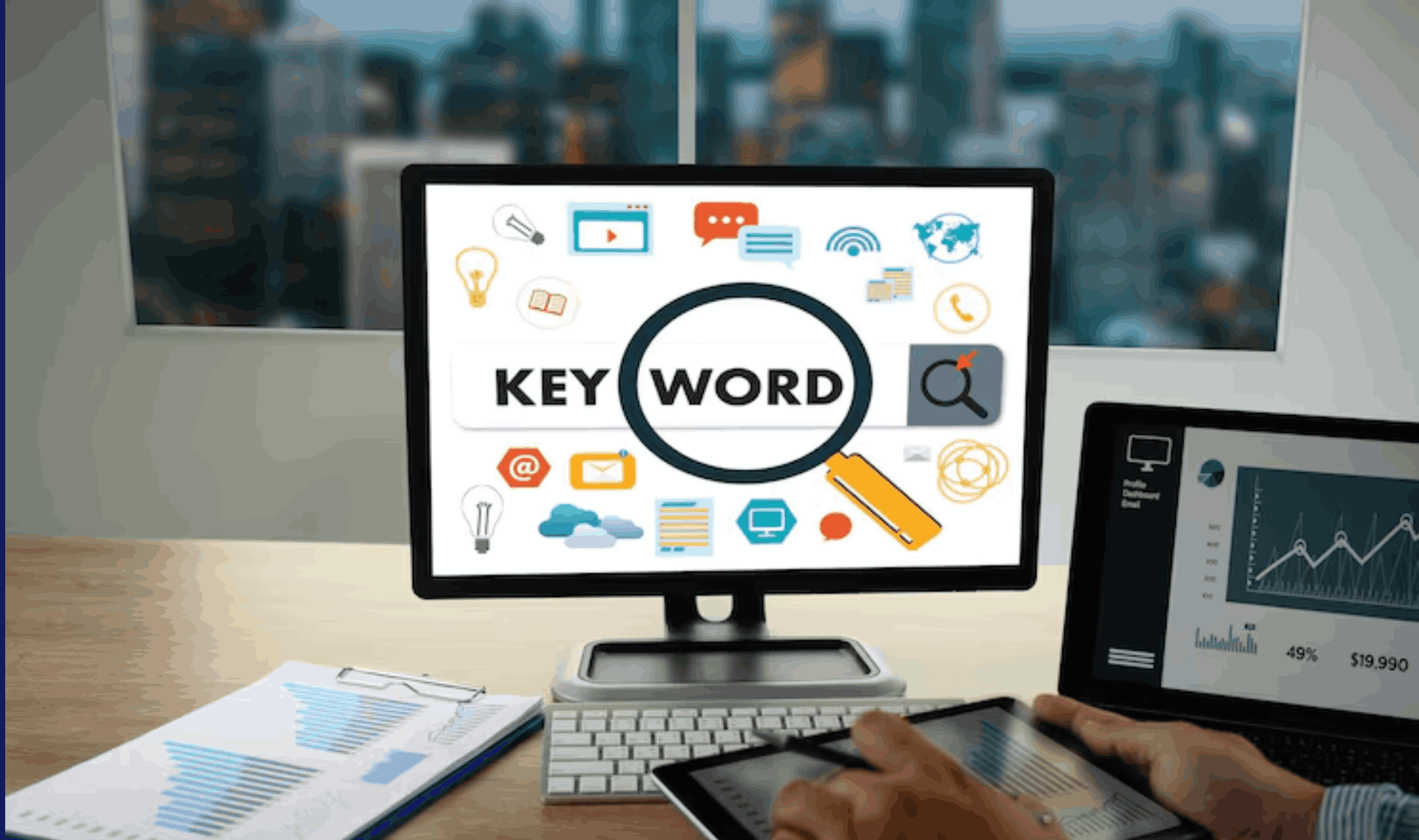 SEO workstation with a keyword research screen and analytics charts.