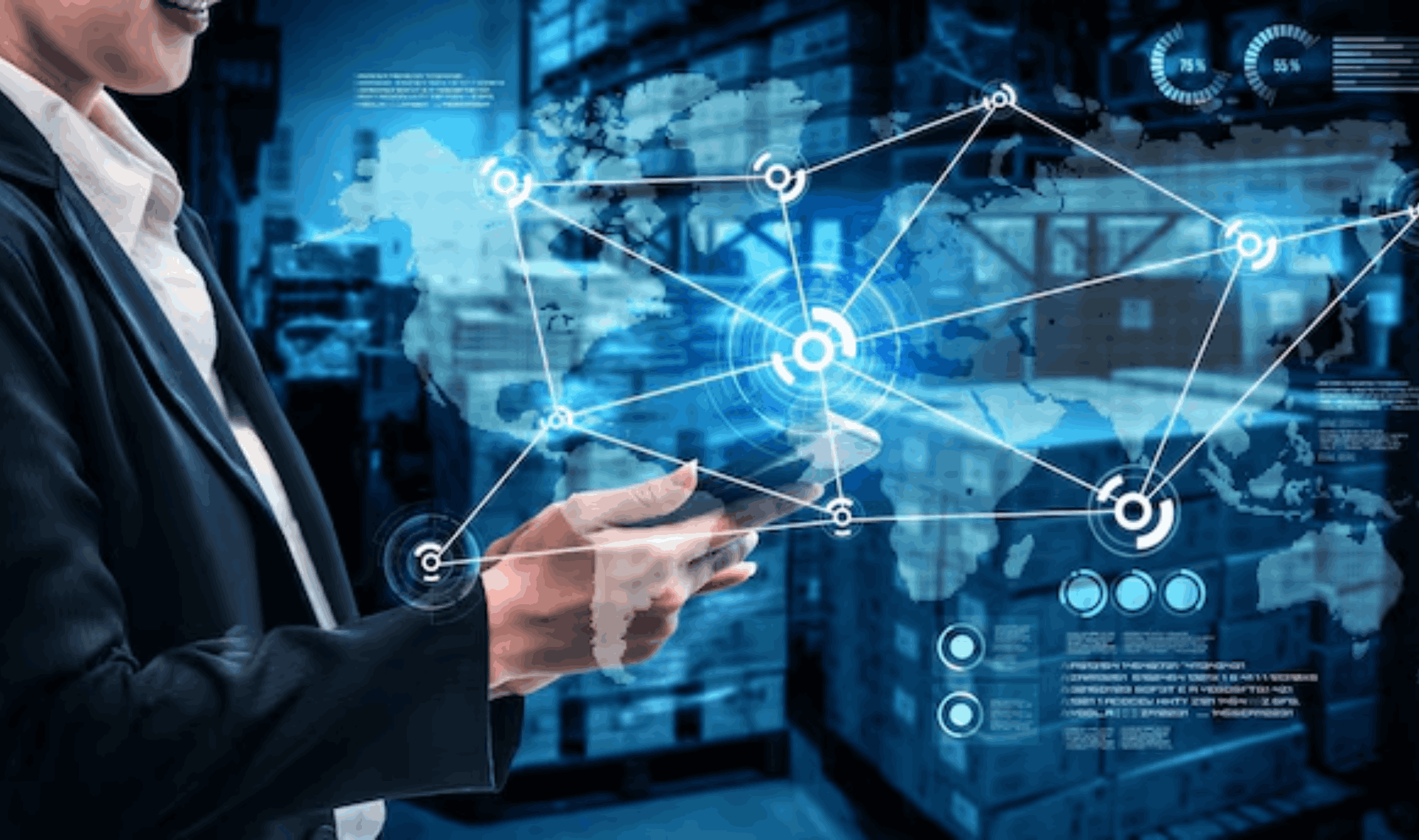Person holding a mobile device while viewing a digital world map with interconnected network nodes and data overlays in a warehouse environment - Managed Connectivity.