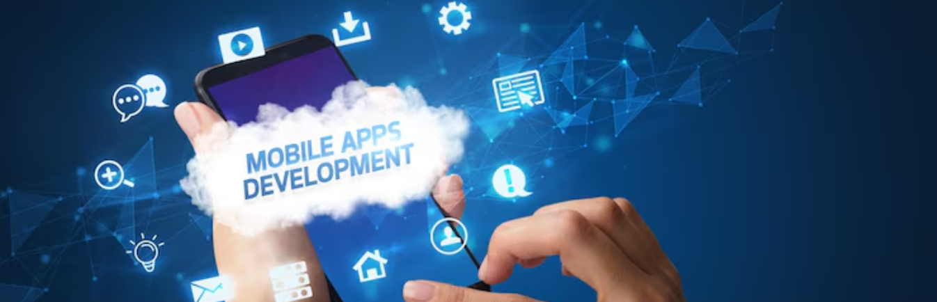 Hand holding smartphone with “Mobile Apps Development” cloud and app icons.