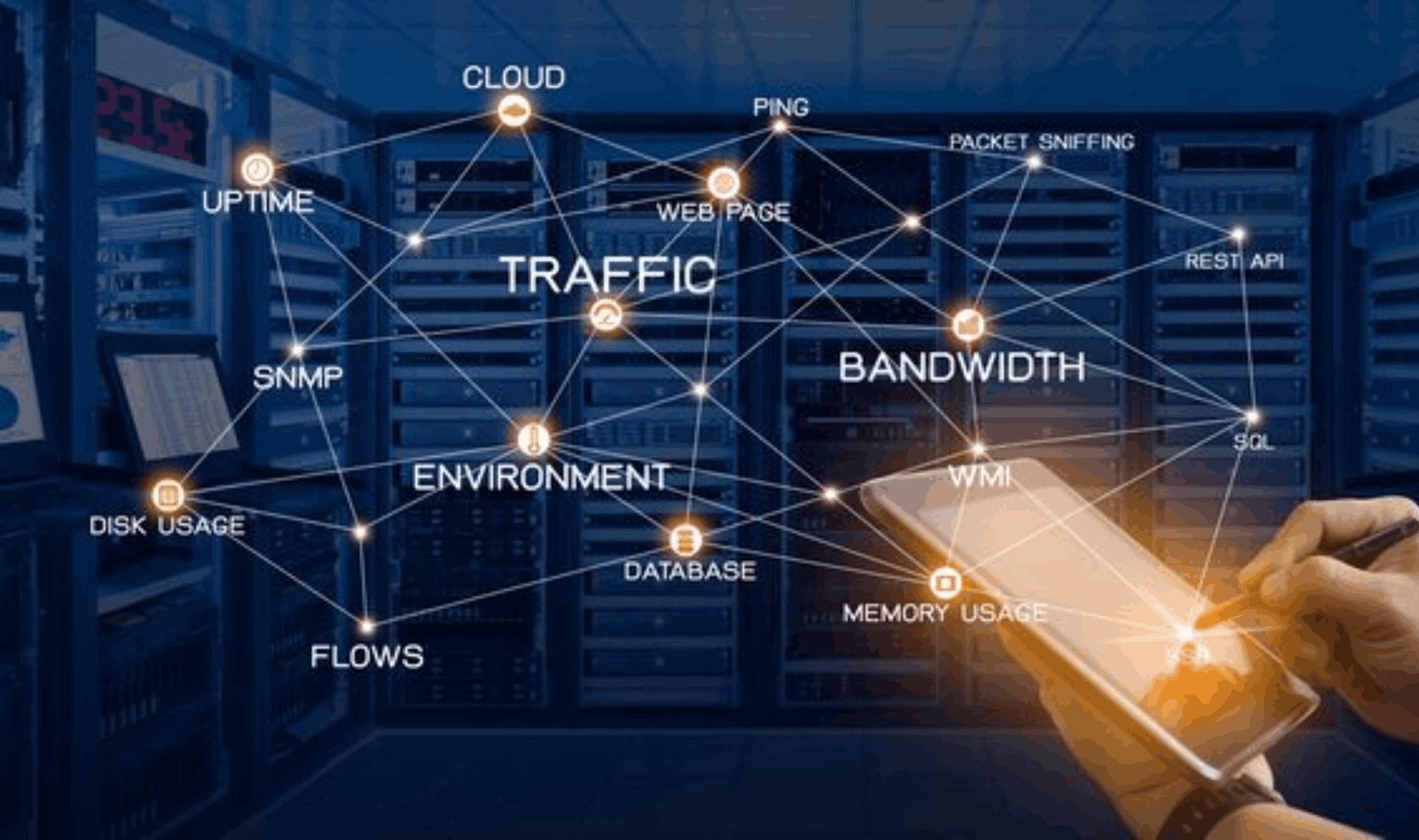 Network operations room with interconnected digital metrics such as traffic, bandwidth, uptime, environment, and database, alongside a person analyzing data on a tablet - Network Observability.