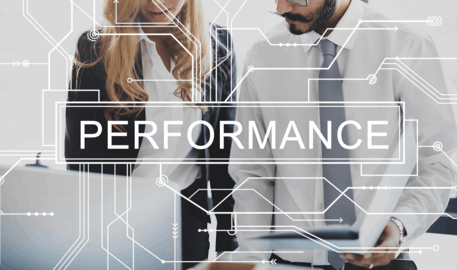 Business team reviewing data with a digital performance Optimization overlay.