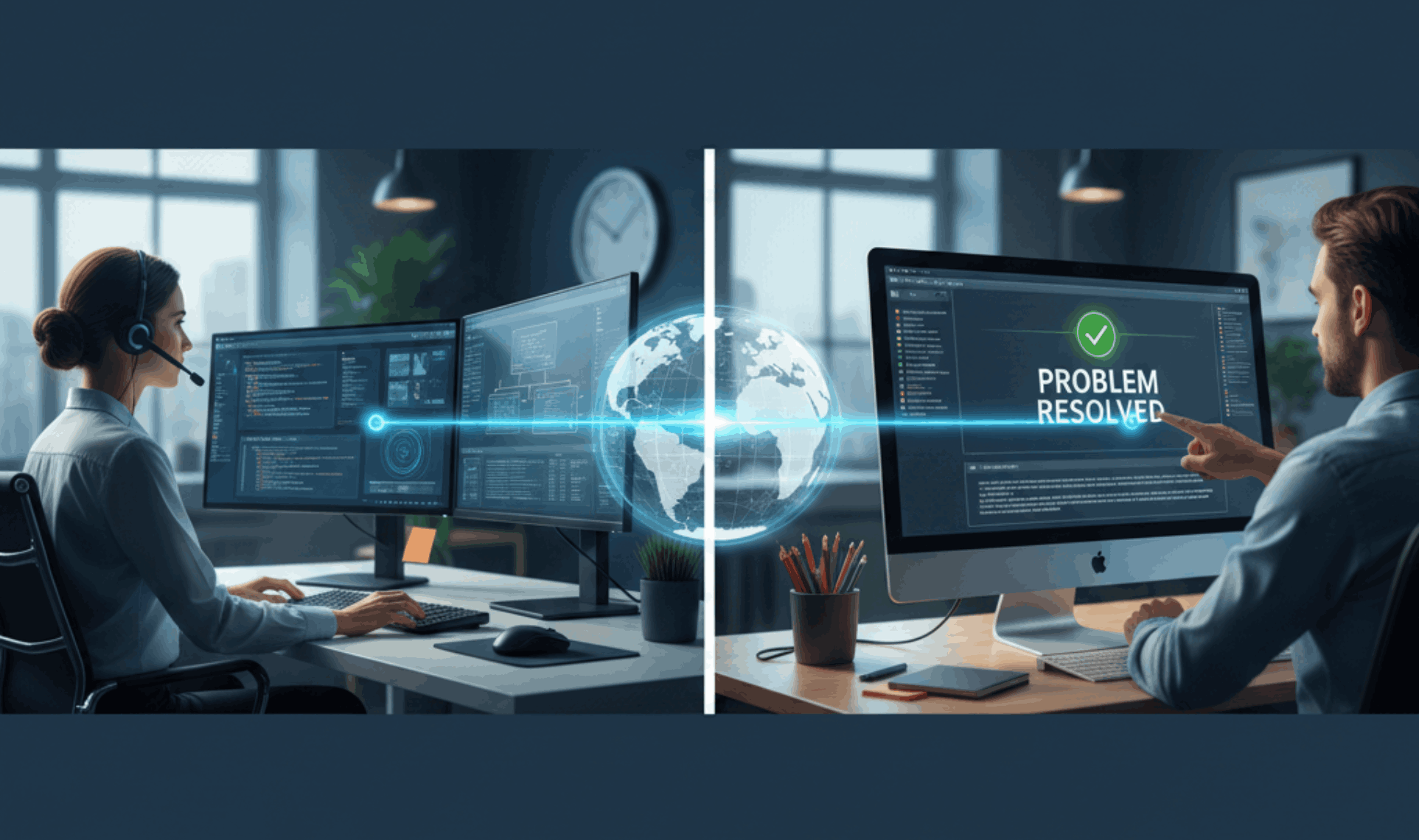 Remote IT troubleshooting process showing a technician and a user connected via a global network, resulting in a 'Problem Resolved' screen.
