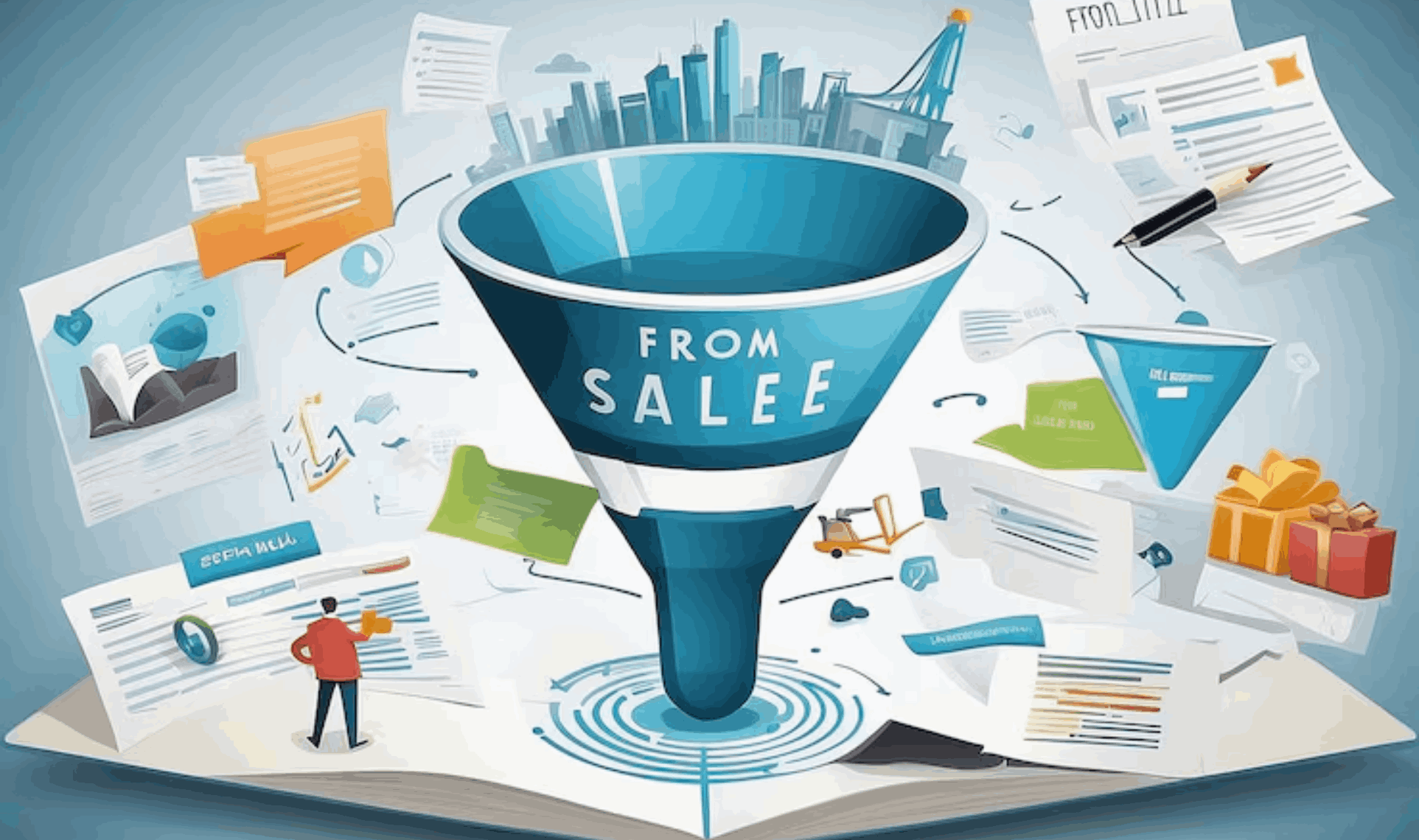 Illustrated marketing funnel surrounded by documents, icons, and digital assets representing how Organic and Paid sales funnels guide prospects toward conversion.
