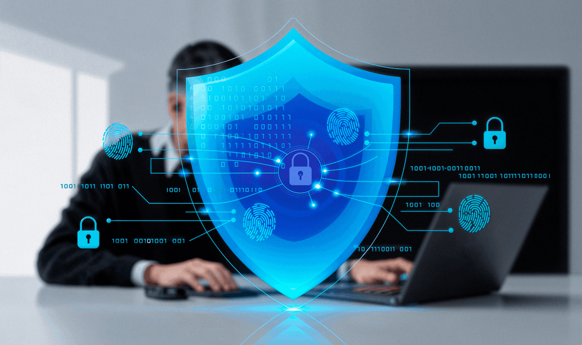 Person working on a laptop with a digital security shield, fingerprint icons, and padlocks representing Security & Compliance.