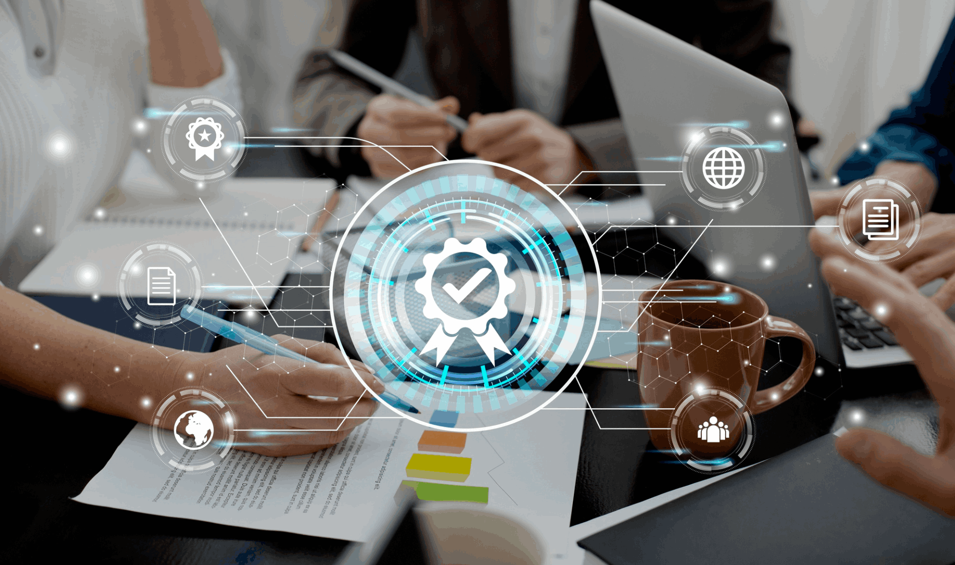 Team working at a desk with a digital quality-check and system-integration icon overlay.