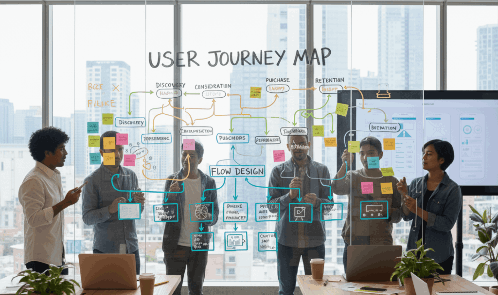 A team of designers collaborating on a User Journey Map and Flow Design diagram on a glass office wall.