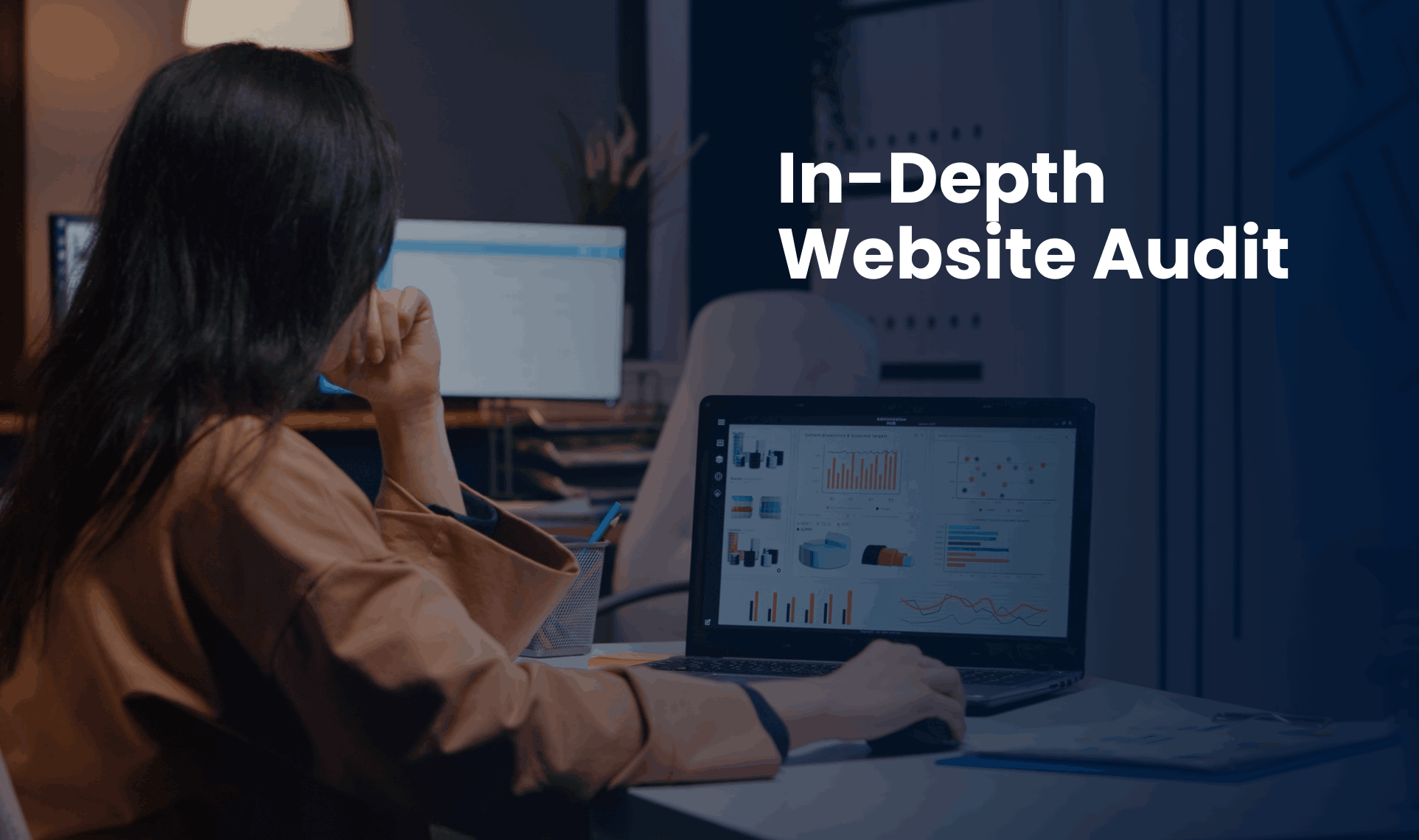 In-Depth Website Audit, analysis: Professional woman reviewing performance charts and SEO metrics on a laptop.